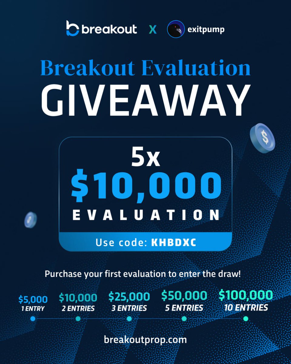 exitpumpBTC's tweet photo. 🎁 BREAKOUT GIVEAWAY 🎁
How to enter:
💥 Use my discount code KHBDXC to buy an evaluation
💥 Only your first purchase counts
💥 Like & RT this post
💥 Bigger purchase = more entries (check the banner)
🏆 Ends Aug 27 — winner announced shortly after!

→ Sign up: https://t.co/QYJeH7DIWc