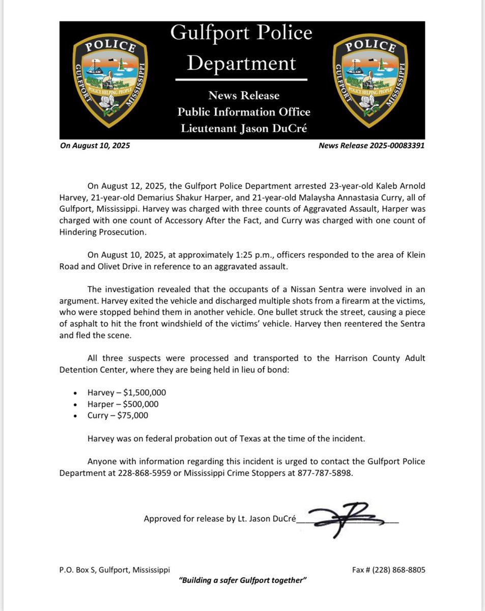 Aggravated Assault News Release:
The Gulfport Police Department arrested Kaleb Arnold Harvey for Aggravated Assault, Demarius Shakur Harper for Accessory After the Fact, and Malaysha Annastasia Curry for Hindering Prosecution.
