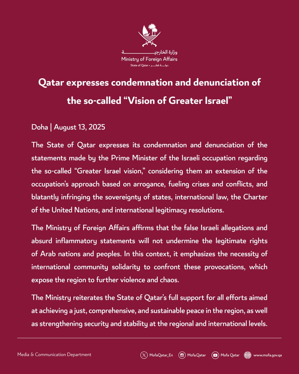 Statement | Qatar expresses condemnation and denunciation of the so-called “Vision of Greater Israel”

#MOFAQatar