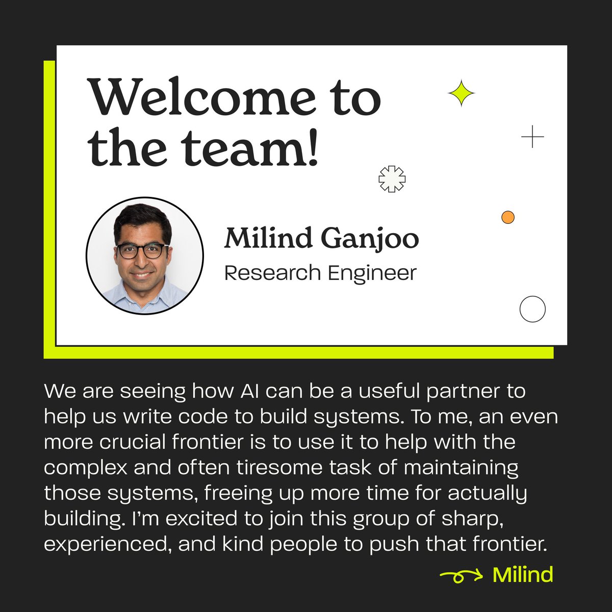 Resolve AI (@resolveai) on Twitter photo 🎉 Big news! We’re excited to welcome <a href="/mganjoo/">Milind Ganjoo</a> as our newest Research Engineer at Resolve AI!
Milind brings over a decade of experience building and scaling ML systems at some of the world’s most impactful tech companies. At Google DeepMind, he was part of the Gemini team, 🎉 Big news! We’re excited to welcome <a href="/mganjoo/">Milind Ganjoo</a> as our newest Research Engineer at Resolve AI!
Milind brings over a decade of experience building and scaling ML systems at some of the world’s most impactful tech companies. At Google DeepMind, he was part of the Gemini team,