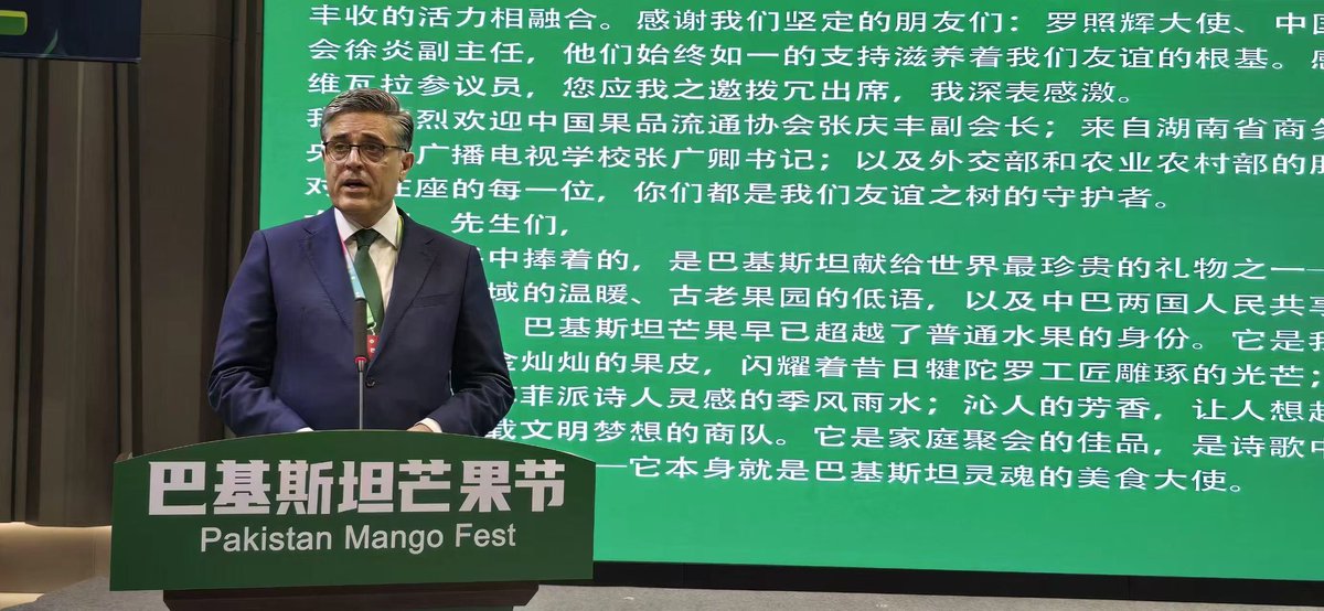 PakinChina_'s tweet photo. 在讲话中，卡里尔·哈什米大使阐述了这种金色果实如何承载着中巴两国心意相通的精髓。巴基斯坦芒果不仅是东方瑰宝，更是传递千年文化传承的"舌尖外交官"，架起商贸往来的桥梁，维系情比金坚的纽带。 https://t.co/kzaSpczI6P