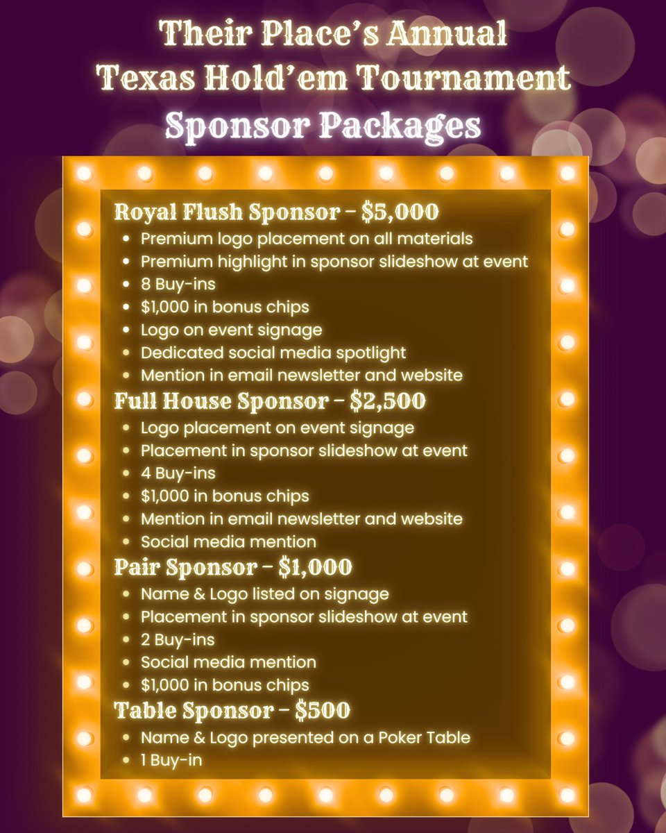 TheirPlaceNJ's tweet image. ♠️ Go all in for a great cause! ♠️
We’re seeking sponsors for our Annual Texas Hold’em Tournament supporting adults with IDD.
📅 OCT 17
Sponsor ➡️ zeffy.com/ticketing/thei…
📧 dominick.notare@theirplace.org | 📞 732-215-5742

#TexasHoldEm #Fundraiser #Inclusion