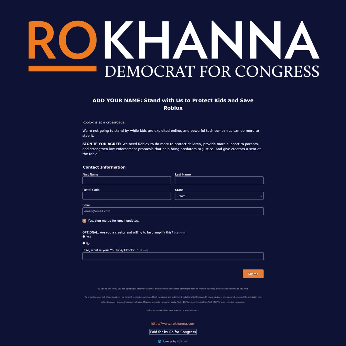 KreekCraft's tweet image. Congressman Ro Khanna is also calling for signatures on the below petition in order to put further pressure on Roblox to reevaluate their moderation and safety policies.
You can sign the petition below.
act.rokhanna.com/a/save-roblox-…