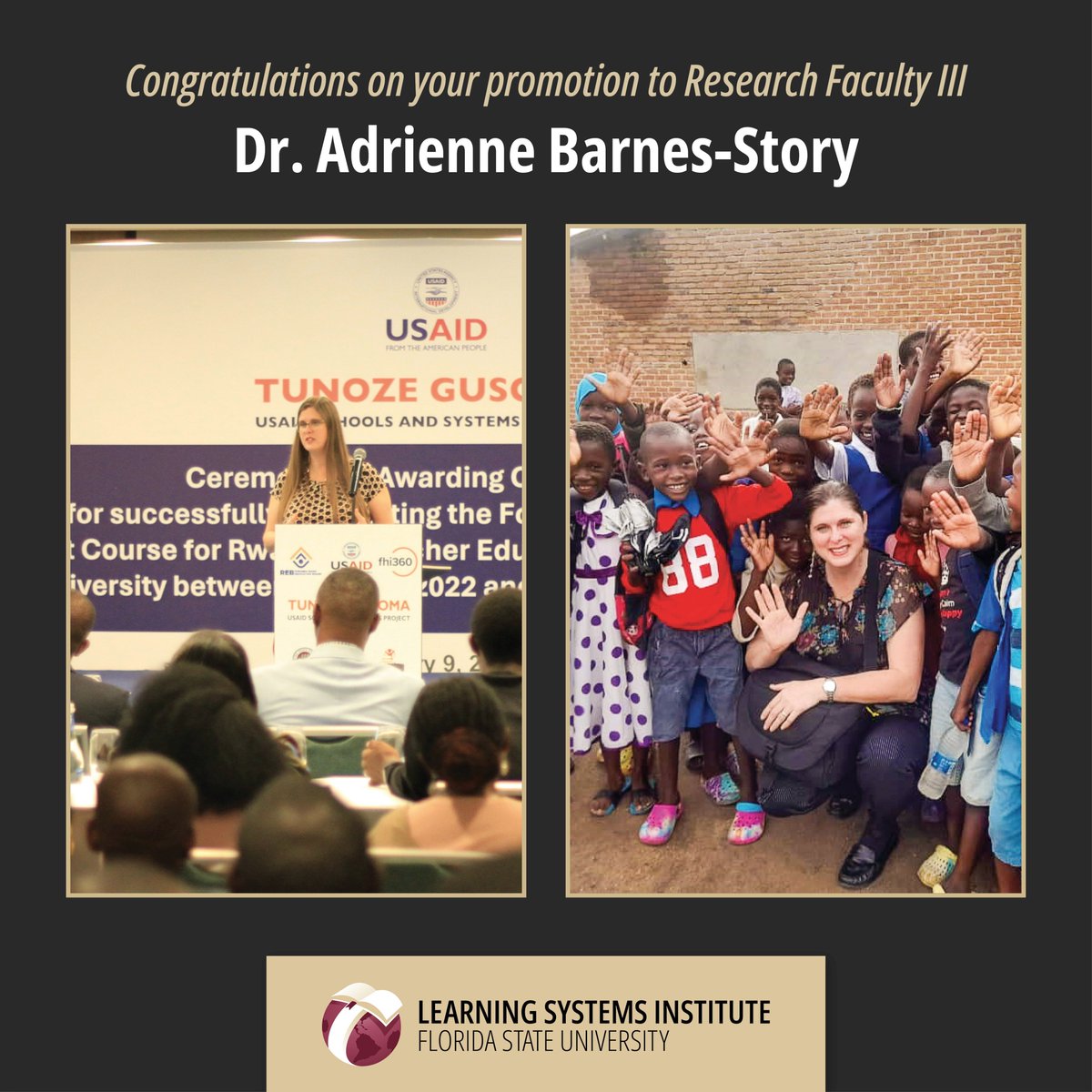 Learning Systems Institute FSU (@lsifsu) on Twitter photo 𝓒𝓸𝓷𝓰𝓻𝓪𝓽𝓾𝓵𝓪𝓽𝓲𝓸𝓷𝓼
We are proud to share that Dr. Adrienne Barnes-Story has been promoted to Research Faculty III. #InnovatingLearning 𝓒𝓸𝓷𝓰𝓻𝓪𝓽𝓾𝓵𝓪𝓽𝓲𝓸𝓷𝓼
We are proud to share that Dr. Adrienne Barnes-Story has been promoted to Research Faculty III. #InnovatingLearning
