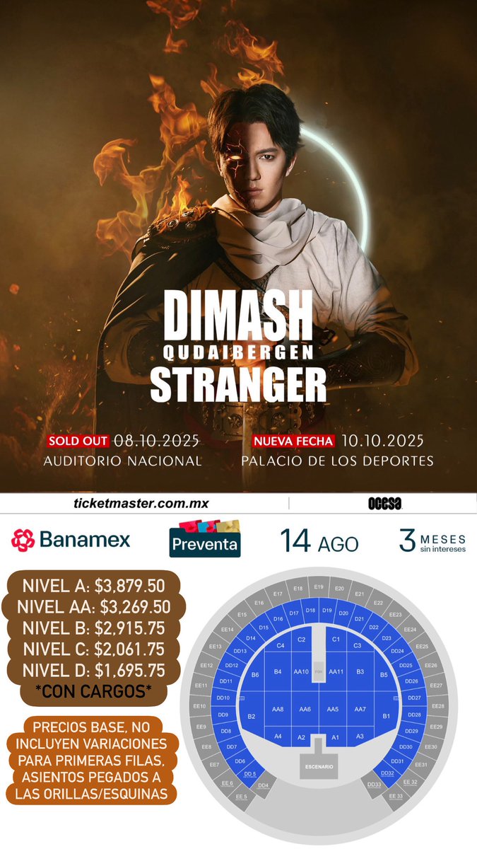 ailoviutl's tweet photo. 💳 Pre-Preventa Banamex Priority 💳

🐦‍🔥 DIMASH QUDAIBERGEN 🐦‍🔥
🗓️ Viernes 10 de Octubre del 2025 🗓️
🏟️ Palacio de los Deportes 🏟️
📍 CDMX📍 🇲🇽 México 🇲🇽
Link: https://t.co/gHDtH0f5Ec

Códigos Priority los compartí en mi Stories para Suscriptores de mi https://t.co/ccAgcLOpK6 💜

ℹ️ Código ℹ️

*Marcar 55 2262 2570, ingresen su número de cliente, luego opción 1, luego opción 2 e ingresan su contraseña de Audiomático (le pedirán su código al asesor telefónico Banamex)

*El correo con código y link ya les debió llegar a su correo, sino también pueden checar en bandeja de correos no deseados (SPAM) 

*Puedes consultarlo en la sección de ‘Mis Ofertas’ en la APP de Citibanamex 

ℹ️ INFORMACIÓN ℹ️

-El enlace se habilita 8:47 am para que accedan al Lobby (sala de espera) a las 9:00 am inicia la fila virtual 

-Inicia 9:00 am - Finaliza 9:00 PM (aunque podría cerrar antes)

-Límite de compra: 4 boletos

-Acepta pagos con tarjetas de débito/crédito EXCLUSIVAMENTE Banamex

🎟️ Precios de Boletos con Cargos 🎟️

Nivel A: $3,879.50
Nivel AA: $3,269.50
Nivel B: $2,915.75
Nivel C: $2,061.75
Nivel D: $1,695.75

PRECIOS BASE, NO INCLUYEN VARIACIONES PARA PRIMERAS FILAS, ASIENTOS PEGADOS A LAS ORILLAS/ESQUINAS

🎫 Fechas de Preventas 🎫

Venta Beyond: 12 de Agosto 9:00 AM
Preventa Priority: 13 de Agosto 9:00 AM
Preventa Banamex: 14 de Agosto 11:00 AM
Venta General: 15 de Agosto 11:00 AM

💲 Boletera: Ticketmaster 💲

💳 Meses sin Intereses 💳

3 MSI con tarjetas de Crédito Banamex a partir de $3,000 MXN

#DIMASH #Concert #Concierto #Auditorio #Nacional #CDMX #México #Music #Música #Ailoviutl #Fest #DimashQudaibergen #Tour2026 #Tour2025 #AuditorioNacional #MéxicoTour #STRANGER #Festival #OCESA #Ticketmaster #PalacioDeLosDeportes