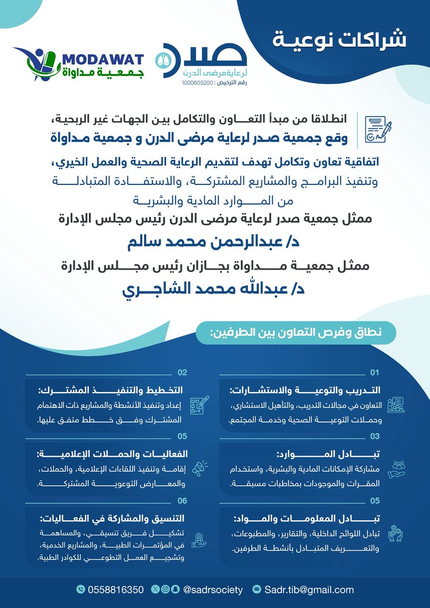 SadrSociety's tweet photo. 🤝 #شراكات_نوعية |

في إطار تعزيز التعاون بين الجهات غير الربحية،
وقّعت #جمعية_صدر_لرعاية_مرضى_الدرن اتفاقية شراكة نوعية مع جمعية مداواة بجازان @modawat_sa 
بهدف تقديم الرعاية الصحية، وتنفيذ البرامج والمشاريع المشتركة، وتبادل الخبرات والموارد بما يخدم المجتمع. https://t.co/qNPZPKzoiw