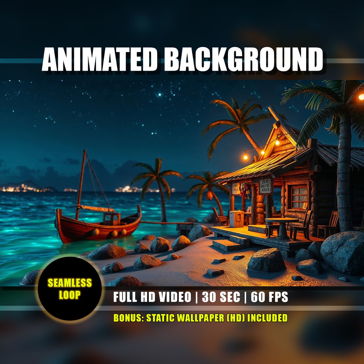 EternalStudioCo's tweet photo. 🌴📷 Escape to a calm paradise with this #TropicalFishingVillage night #animatedbackground! A serene view w/ glowing ocean water. Perfect for an #AmbientLoop for #smallstreamers 

https://t.co/NT1eyKHdD3 

#twitchoverlay #youtubebackground #streamerasset #loopingbackground https://t.co/wVRDWdXbFn