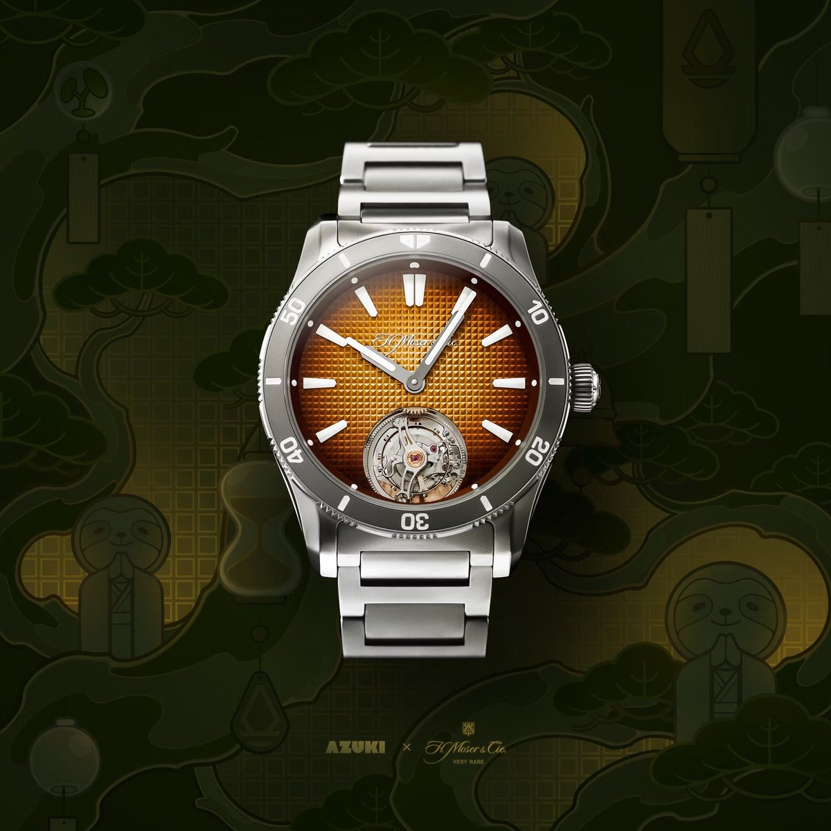 🔥 <a href="/Azuki/">Azuki</a> x H. Moser &amp; Cie. — their biggest collab yet!

The 200-year-old Swiss horology icon meets Azuki Elementals: Fire, Earth, Lightning &amp; Water each linked to a NFT. 

They’ve designed these beautifully. Love the subtle bean logo on the dial. 🫘