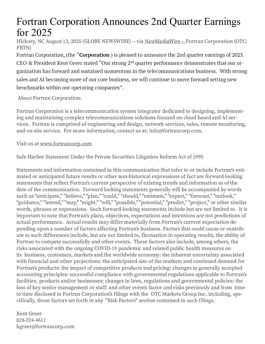 CorpFortran's tweet image. FORTRAN CORPORATION moving forward with positive 2nd quarter earnings.

#pressrelease #strongbusinessgrowth #telecommunicationsolutions #AI #icloud #stockmarket