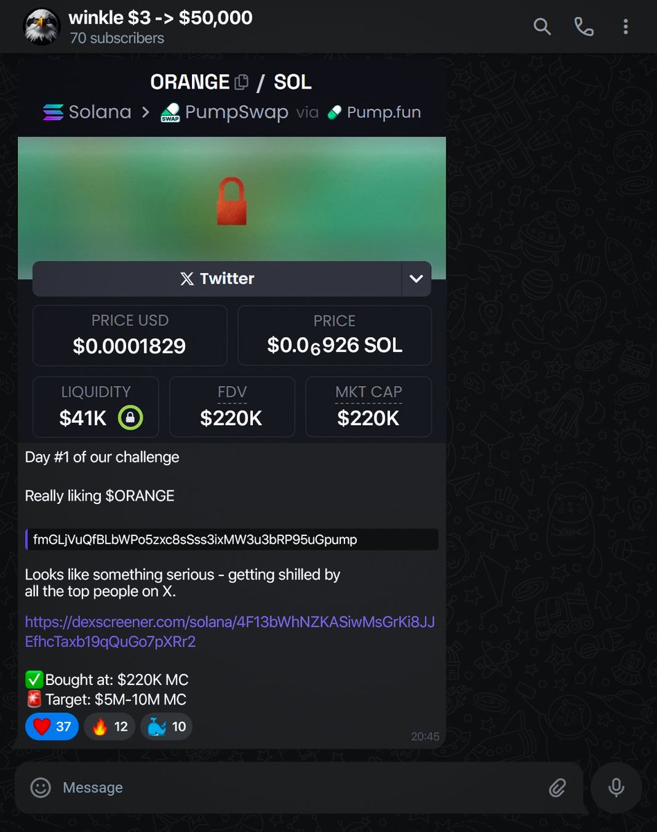 w1nklerr's tweet image. Day #1 of the $3 - $50,000 Challenge
Today we caught $ORANGE
Sold at $6M MC - 27x
Current balance: $81
Already 70/400 people in the group
If you want to join us:
Like & RT
Comment "COME ON"
Must be following
Only my followers will be accepted.