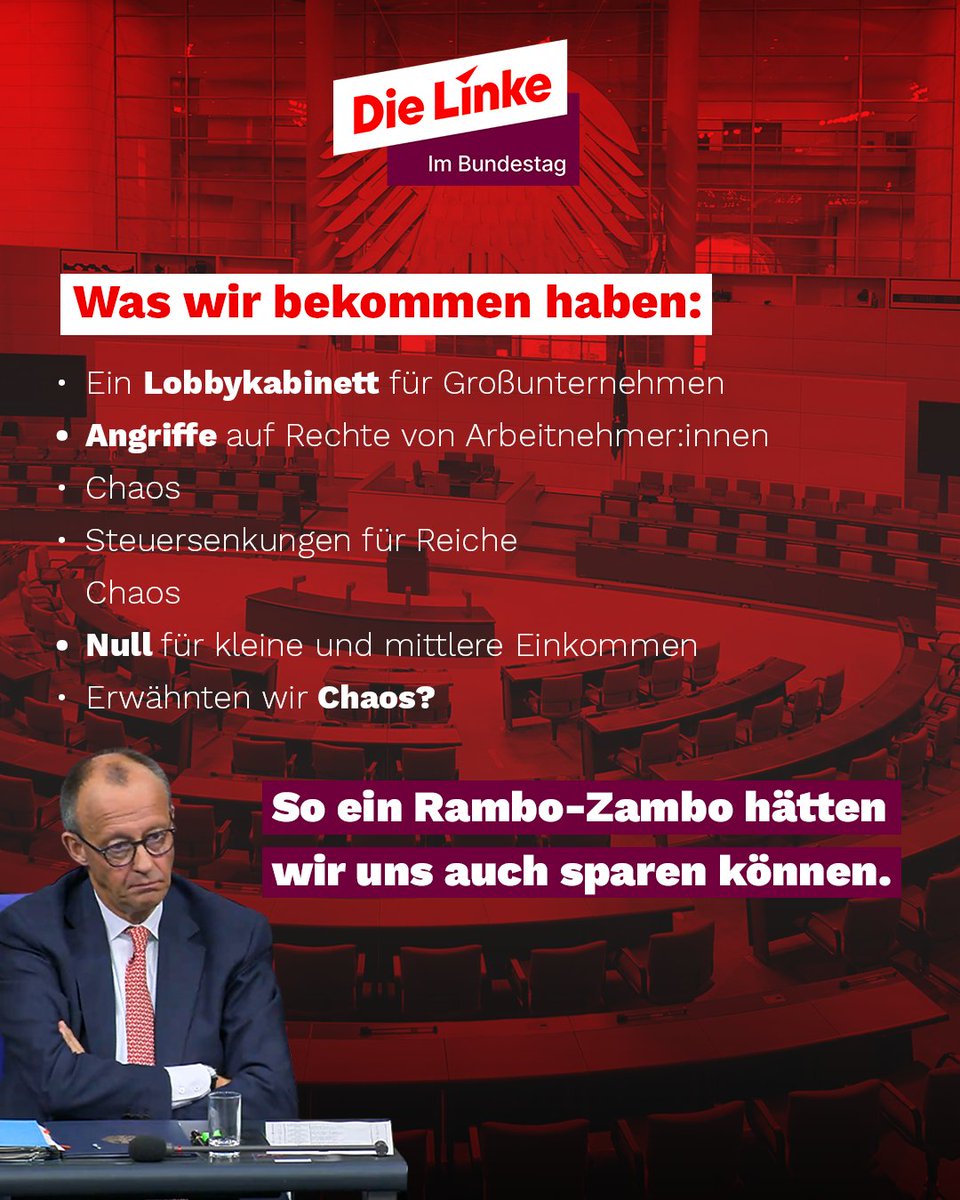 Was wäre gewesen, wenn in dieser Woche statt BlackRot eine Linksregierung ihr 100-Tage-Jubiläum gehabt hätte?

Hier ein paar Beispiele, was wir mit einer linken Regierungsmehrheit in den ersten 100 Tagen umgesetzt hätten und auch schonmal versucht haben, durch den Bundestag zu