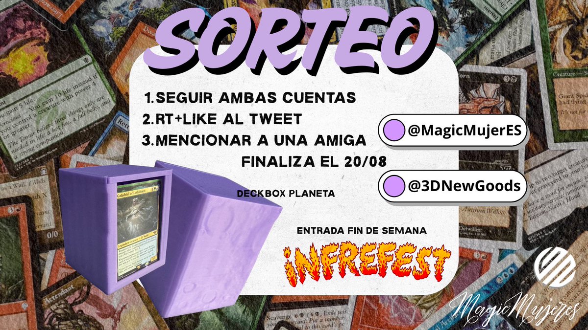 🎁¡SORTEO!🎁
¡¡Gana una deckbox de 3DNEWGOODS + 🎟 entrada fin de semana INFREFEST 💥!!

✅ Sigue a <a href="/MagicMujerES/">MUJERES EN MAGIC</a> y <a href="/3DNewGoods/">3D NewGoods</a>
🔁 RT + ❤️ a este tweet
👩‍🤝‍👩 Menciona a una amiga

ℹ️ Si no pudieras acudir al INFREFEST→ pasa al siguiente participante.

📅HASTA 20/08