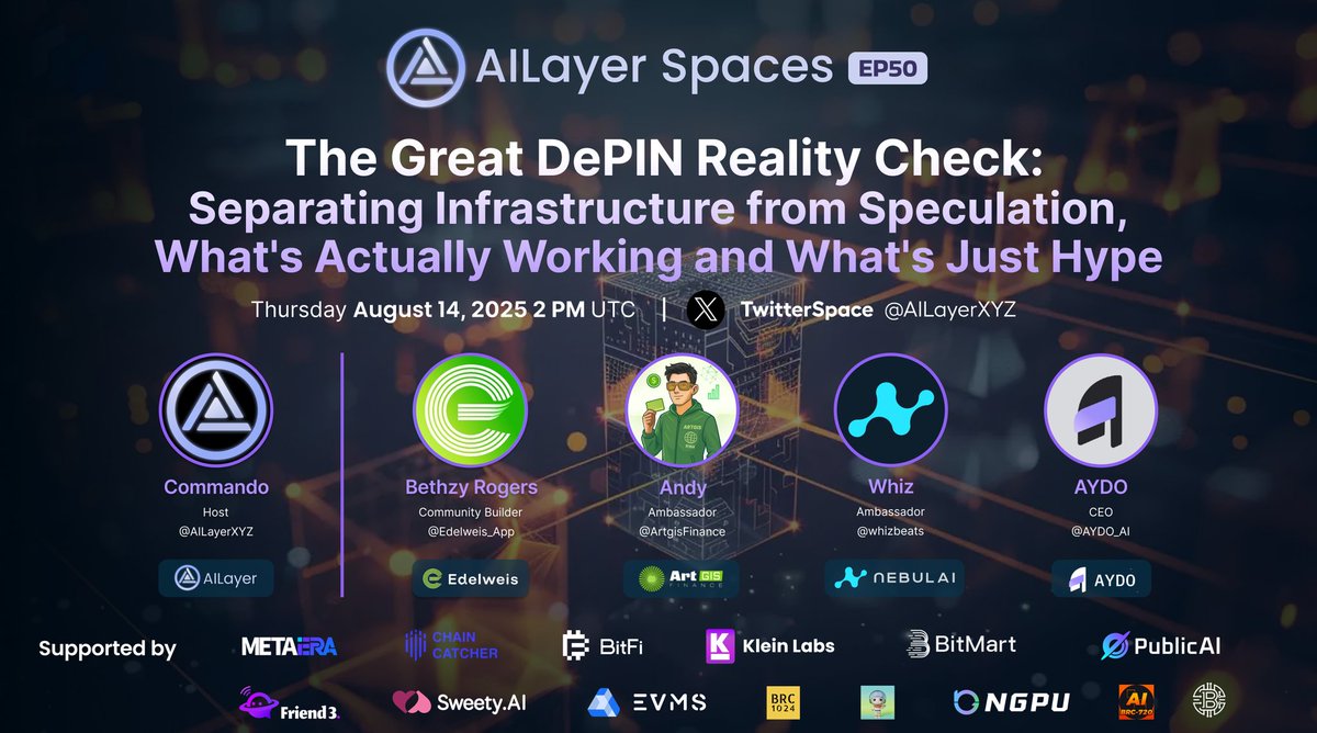 Get ready for EP50 of #AILayerSpaces!

Join us as we discuss "The Great DePIN Reality Check: Separating Infrastructure from Speculation, What's Actually Working and What's Just Hype." This session will be hosted by Commando from <a href="/AILayerXYZ/">AILayer</a>, featuring speakers from <a href="/Edelweis_App/">Edelweis</a>,
