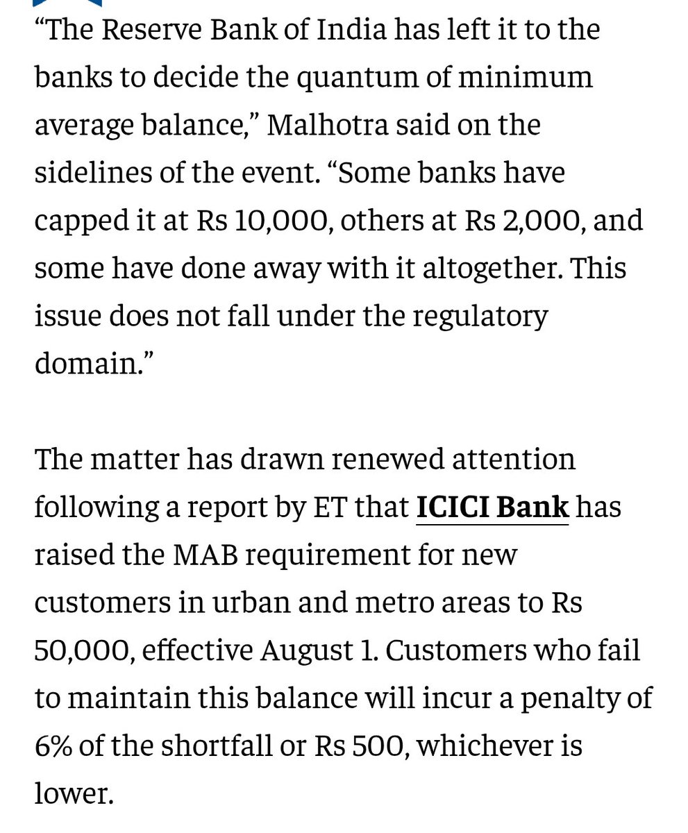 ICICI - Maintain Minimum balance ₹50,000 else pay fine.😡
RBI - It's upto the Banks. 🥺