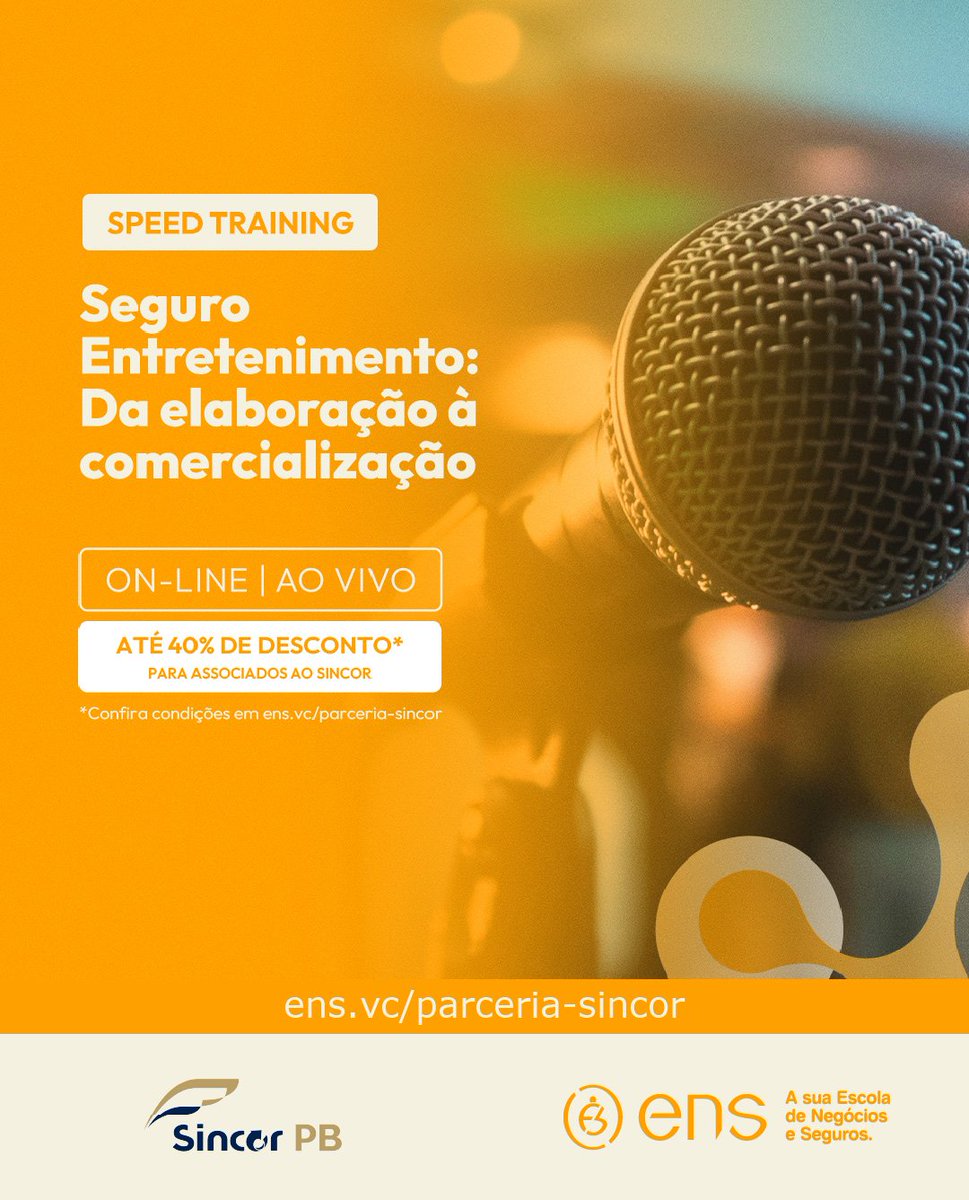 SincorPb's tweet photo. 🎯 A @oficial_ens oferece o Speed Training Seguro Entretenimento: Da Elaboração à Comercialização, um treinamento de apenas 2 horas.

Associado(a)s ao Sincor têm até 40% de desconto para participar!
 
Matrículas abertas!

📲 Saiba mais em: https://t.co/bVEh8fTOP2

#Seguros https://t.co/5L5fkUCqkd