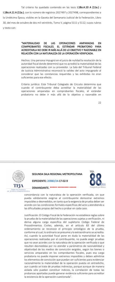 MilanSilva17's tweet photo. La materialidad de operaciones, al ser un concepto “indefinido”, es factible demostrarlo con un
conjunto de pruebas indirectas si de su concatenación se genera la convicción de la
prestación del servicio o bien adquirido.

✅ Expediente 20980/24-17-02-9, 2nda Sala Metropolitana. https://t.co/SyRuijjjfQ