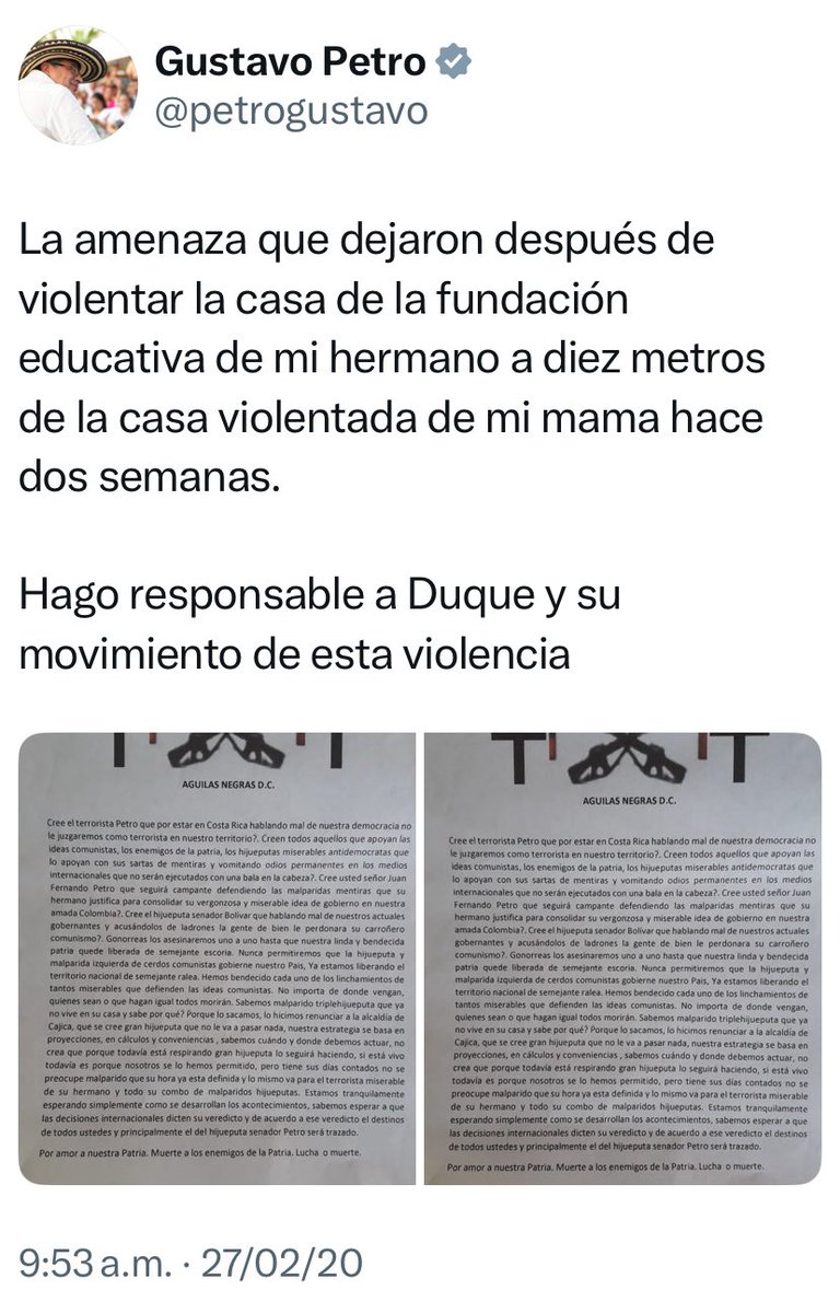 <a href="/petrogustavo/">Gustavo Petro</a> <a href="/IvanDuque/">Iván Duque 🇨🇴</a> El 27 de febrero de 2020 <a href="/petrogustavo/">Gustavo Petro</a> afirmó que Duque era el responsable de la violencia contra la casa de la fundación educativa de su hermano a pocos metros de la casa de su mamá.👇🏼