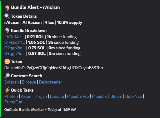 OnchainMonitors's tweet photo. Webhook Walkthrough

Breaking Down The Webhook:

Line 1: Token Details

Line 2: Breakdown the bundled wallets | SOL Amount | Time Since the wallet was funded

Line 3: Token Address

Line 4: DEX Links

Line 5: Quick Task Hyperlinks
