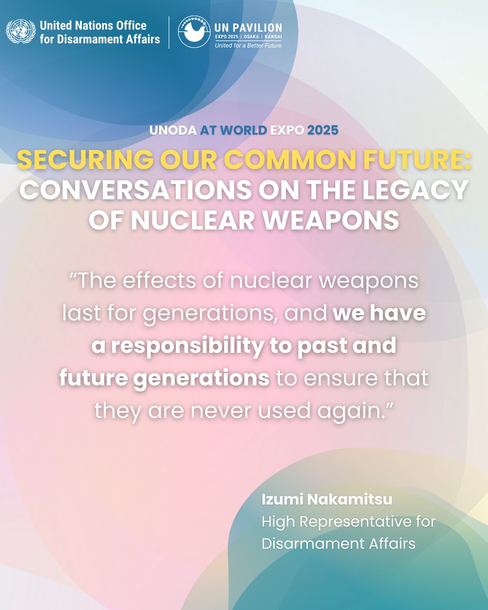 To mark #YouthDay 2025, UNODA and <a href="/1FuturePresents/">1Future</a> co-hosted ‘Securing our Common Future: Conversations on the legacy of nuclear weapons’ at <a href="/expo2025japan/">Expo 2025 Osaka Kansai</a>, a cross-generational dialogue on the power of memorialization through art to showcase the legacy of nuclear weapons.