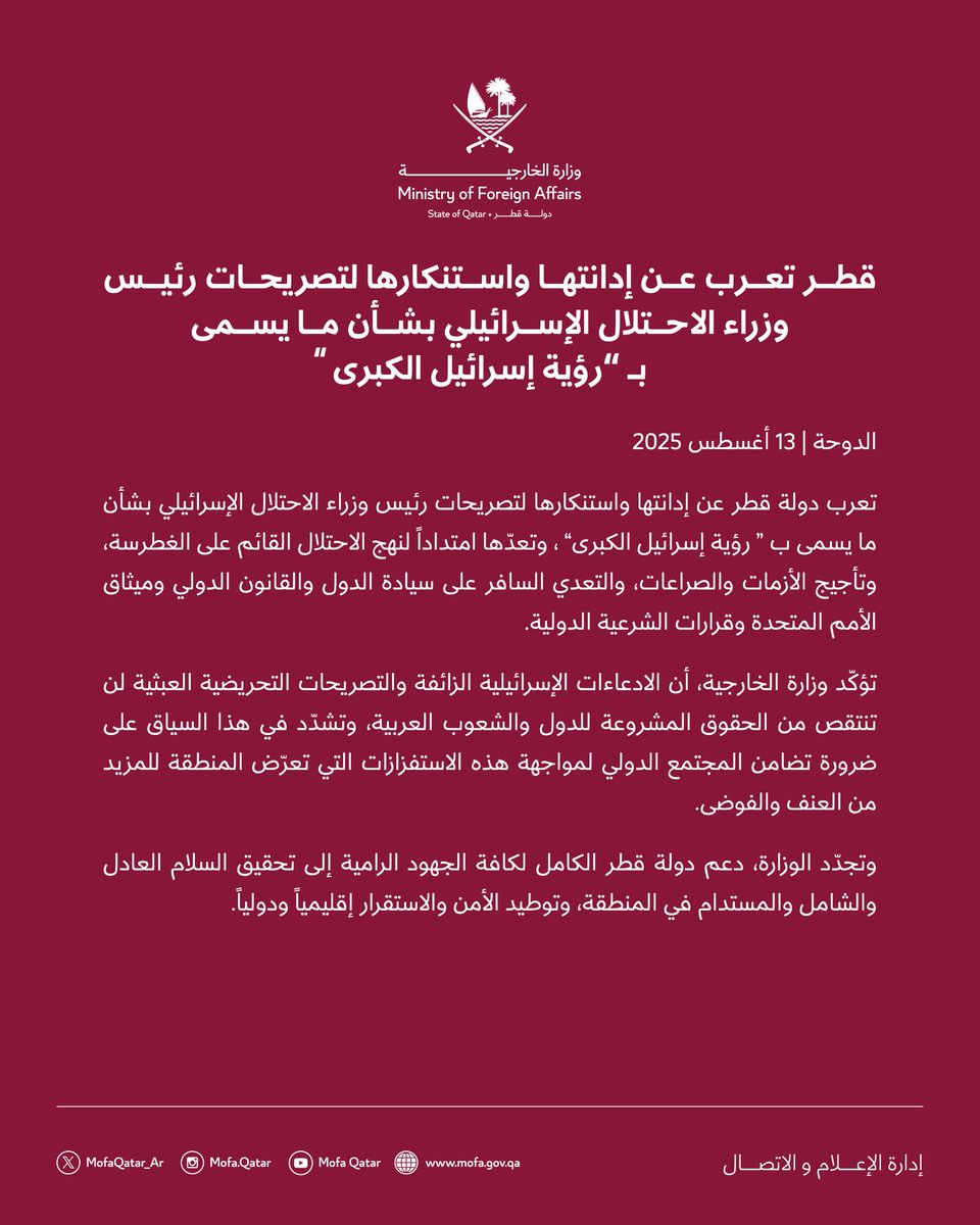 بيان | قطر تعرب عن إدانتها واستنكارها لتصريحات رئيس وزراء الاحتلال الإسرائيلي بشأن ما يسمى ب “رؤية إسرائيل الكبرى”

#الخارجية_القطرية
