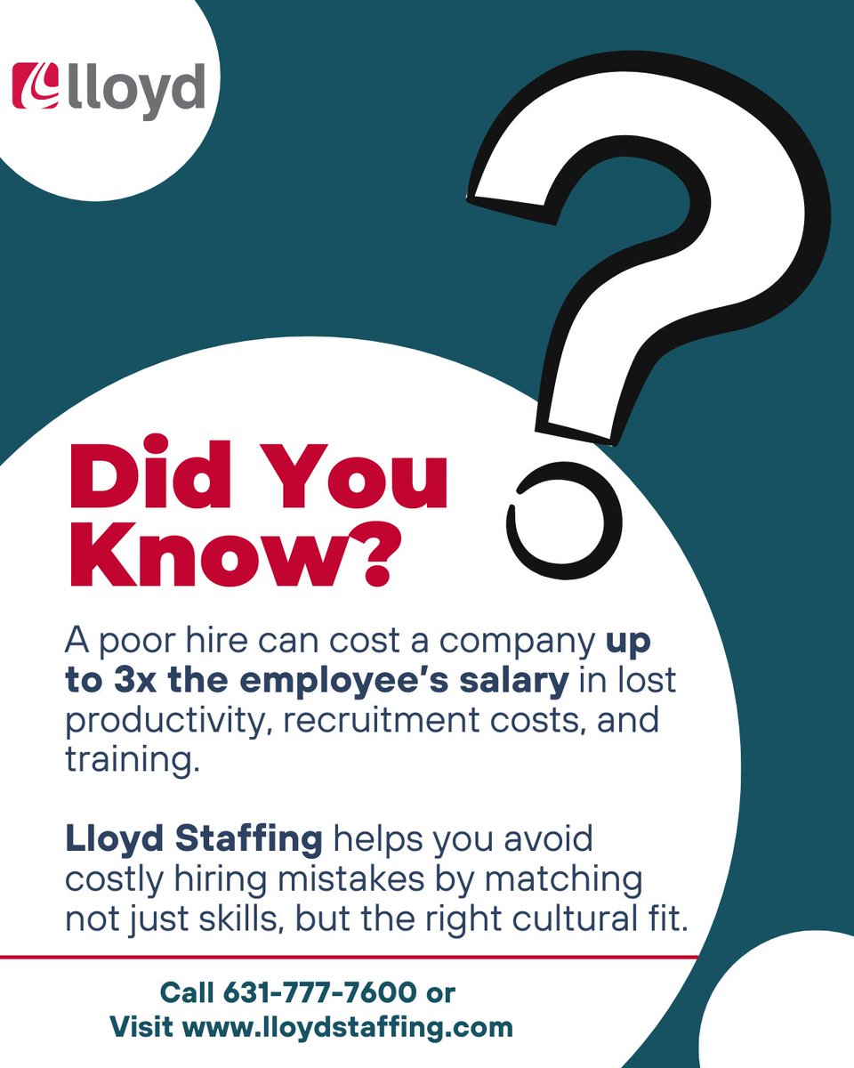 Did you know a bad hire can cost your company up to 3x their salary? Avoid costly mistakes—Lloyd Staffing matches you with the right skills AND cultural fit.
Learn more: lloydstaffing.com
#Hiring #Recruitment #BusinessTips
