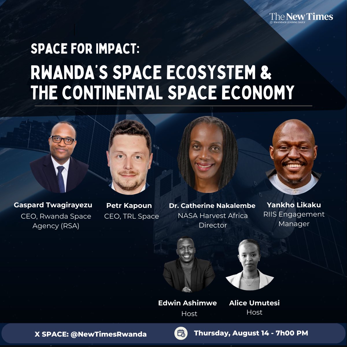 The New Times (Rwanda) (@newtimesrwanda) on Twitter photo #TNTXSPACES: Rwanda is building a dynamic space ecosystem, what does it mean for Africa’s continental space economy?
Join our expert speakers as they explore opportunities, challenges, and the future of the African space sector:
- <a href="/gtwagirayezu/">Gaspard Twagirayezu</a>, CEO of <a href="/RwandaSpace/">Rwanda Space Agency</a>
- #TNTXSPACES: Rwanda is building a dynamic space ecosystem, what does it mean for Africa’s continental space economy?
Join our expert speakers as they explore opportunities, challenges, and the future of the African space sector:
- <a href="/gtwagirayezu/">Gaspard Twagirayezu</a>, CEO of <a href="/RwandaSpace/">Rwanda Space Agency</a>
-