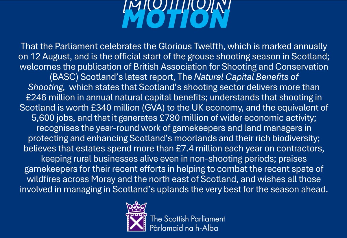 Somewhat belated, but I am delighted to lodge a motion to Parliament to welcome the Glorious Twelfth, and to wish all those who manage Scotland's uplands the best for the season ahead!
