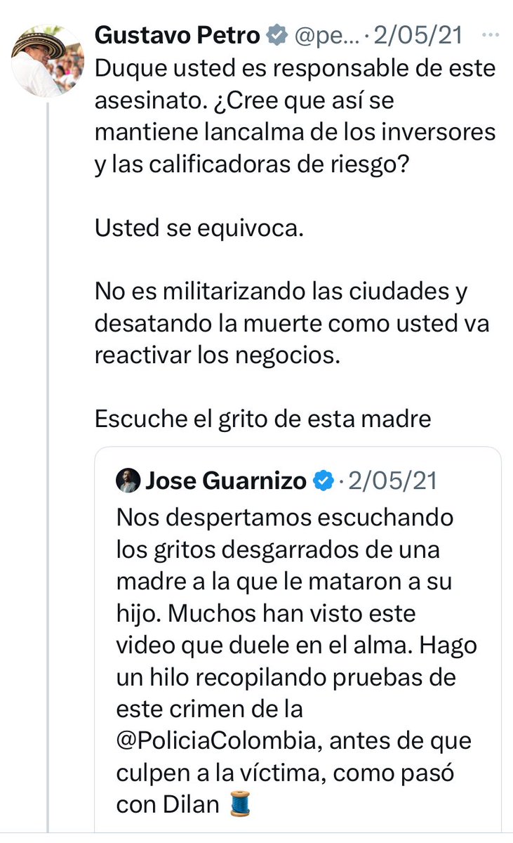 <a href="/petrogustavo/">Gustavo Petro</a> <a href="/IvanDuque/">Iván Duque 🇨🇴</a> El 2 de mayo de 2021 <a href="/petrogustavo/">Gustavo Petro</a> volvió a señalar a <a href="/IvanDuque/">Iván Duque 🇨🇴</a> como responsable de un asesinato.👇🏼