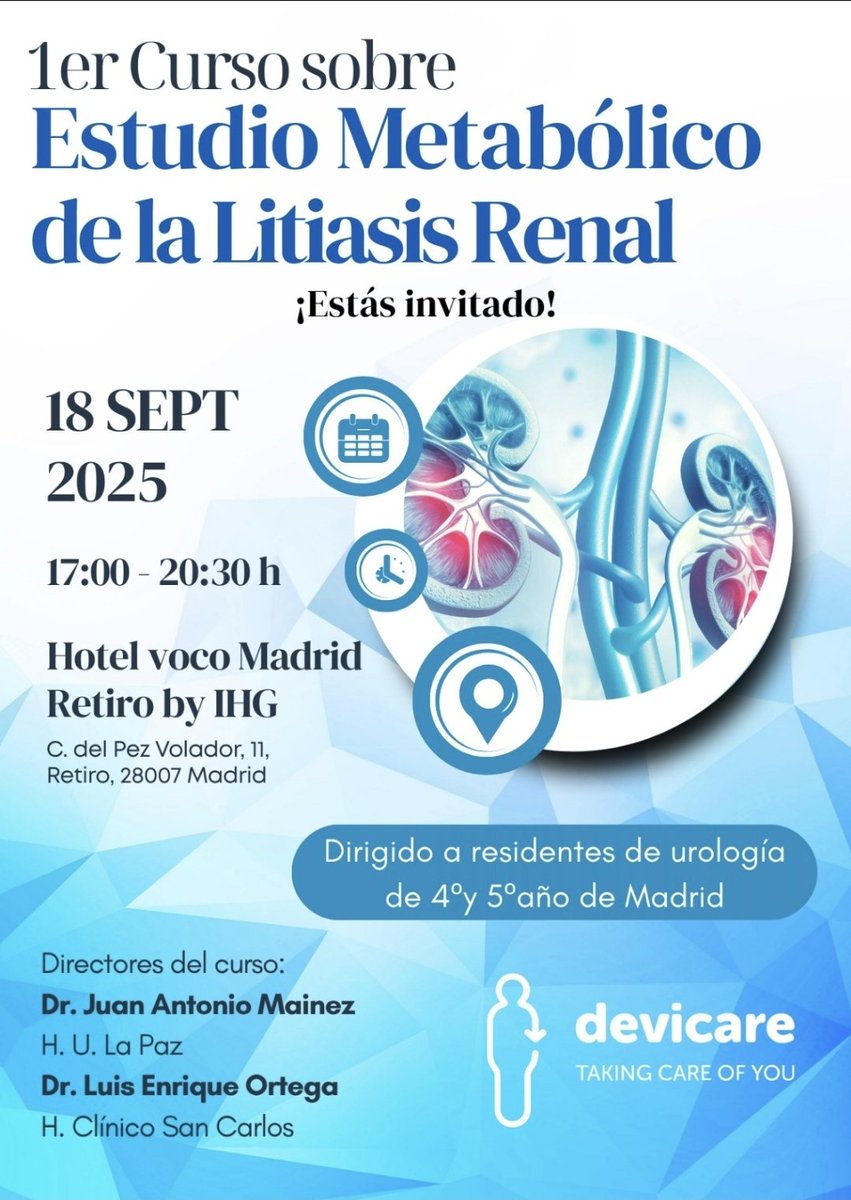 Toño Mainez (@drmainez) on Twitter photo El próximo 18nde Septiembre invitamos a todos los residentes de <a href="/uromadrid/">soc.urológica.madrid</a> al primer curso sobre tratamiento médico de la litiasis patrocinado por <a href="/Devicare/">Devicare</a> con profesores de la talla de <a href="/gonzalbueno/">Gonzalo Bueno</a> <a href="/ortegapolledo/">Luis Enrique Ortega Polledo</a> <a href="/duque_dra/">DraDuqueRuiz</a> y un servidor. ¡os esperamos! El próximo 18nde Septiembre invitamos a todos los residentes de <a href="/uromadrid/">soc.urológica.madrid</a> al primer curso sobre tratamiento médico de la litiasis patrocinado por <a href="/Devicare/">Devicare</a> con profesores de la talla de <a href="/gonzalbueno/">Gonzalo Bueno</a> <a href="/ortegapolledo/">Luis Enrique Ortega Polledo</a> <a href="/duque_dra/">DraDuqueRuiz</a> y un servidor. ¡os esperamos!