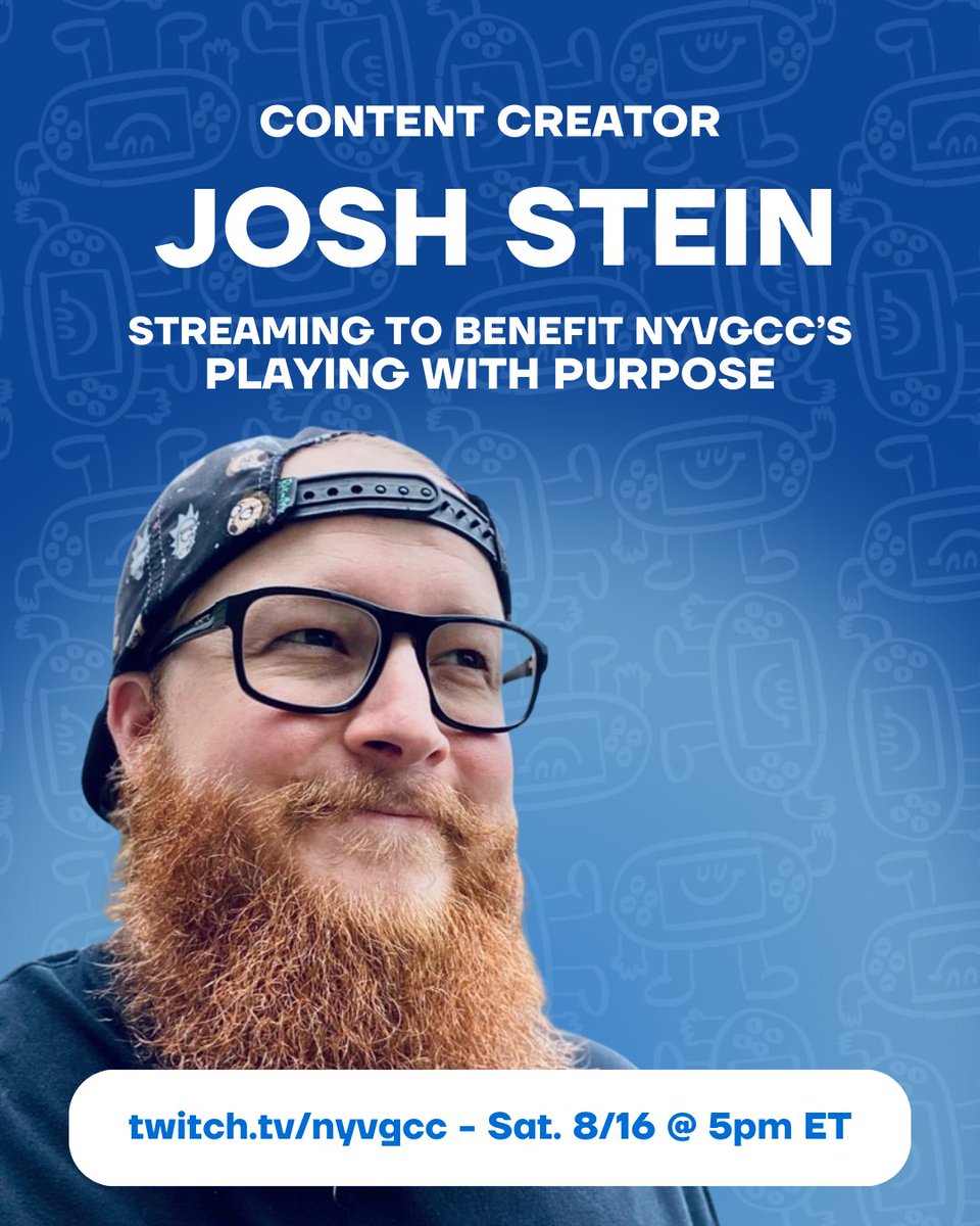 NYVGCC's tweet photo. On 8/16 at 5PM ET, Josh Stein (@steinekin)  goes live for our charity stream! Tune in, donate, and help us keep #PlayingWithPurpose for the next generation of game writers. Stay tuned for our FINAL announcement tomorrow at 12PM ET. https://t.co/ibFWvWmWz2
