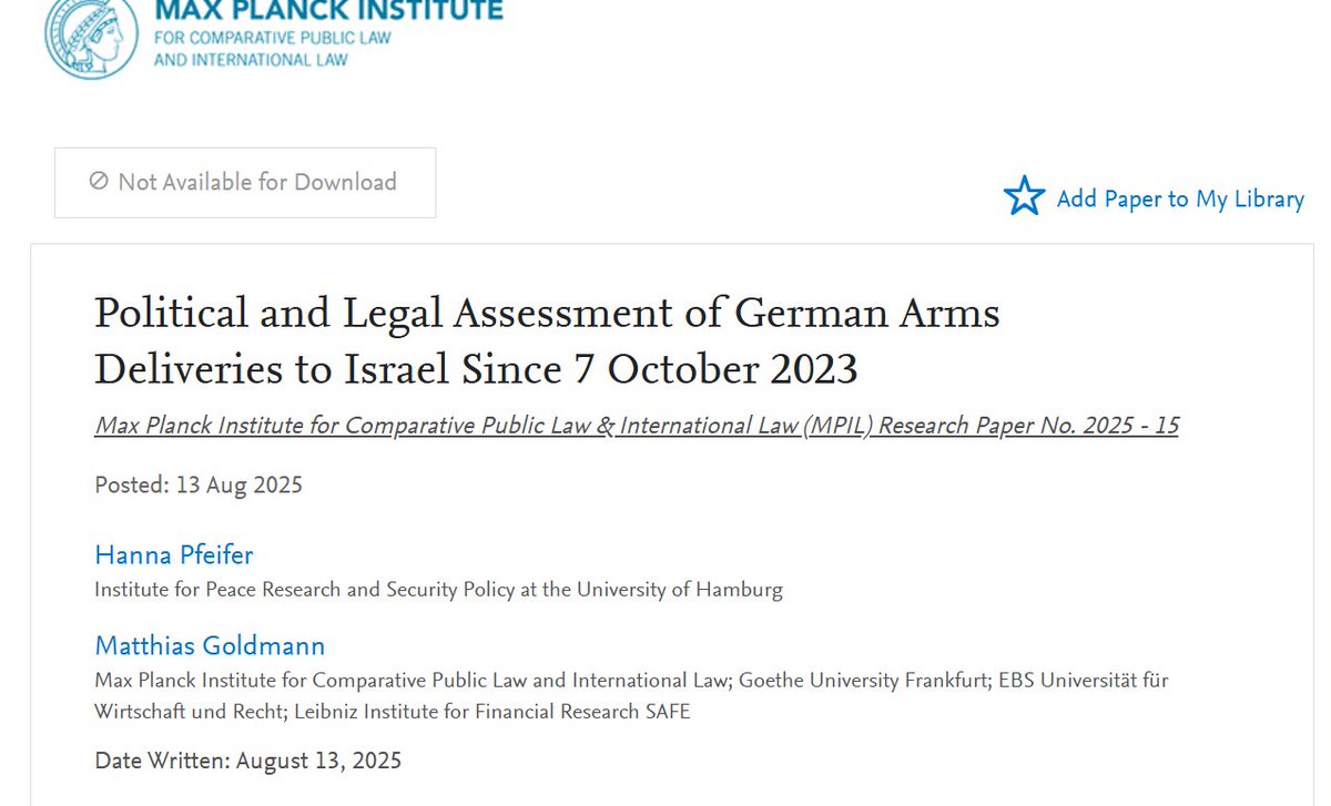 Matthias Goldmann (@matthgoldmann) on Twitter photo Our paper, in which <a href="/hanna_pfeifer/">Hanna Pfeifer</a> and I argue that German arms deliveries to Israel are currently neither in accordance with international law nor sensible from a security policy perspective. <a href="/MPILheidelberg/">MPIL Heidelberg</a>
papers.ssrn.com/sol3/papers.cf… Our paper, in which <a href="/hanna_pfeifer/">Hanna Pfeifer</a> and I argue that German arms deliveries to Israel are currently neither in accordance with international law nor sensible from a security policy perspective. <a href="/MPILheidelberg/">MPIL Heidelberg</a>
papers.ssrn.com/sol3/papers.cf…
