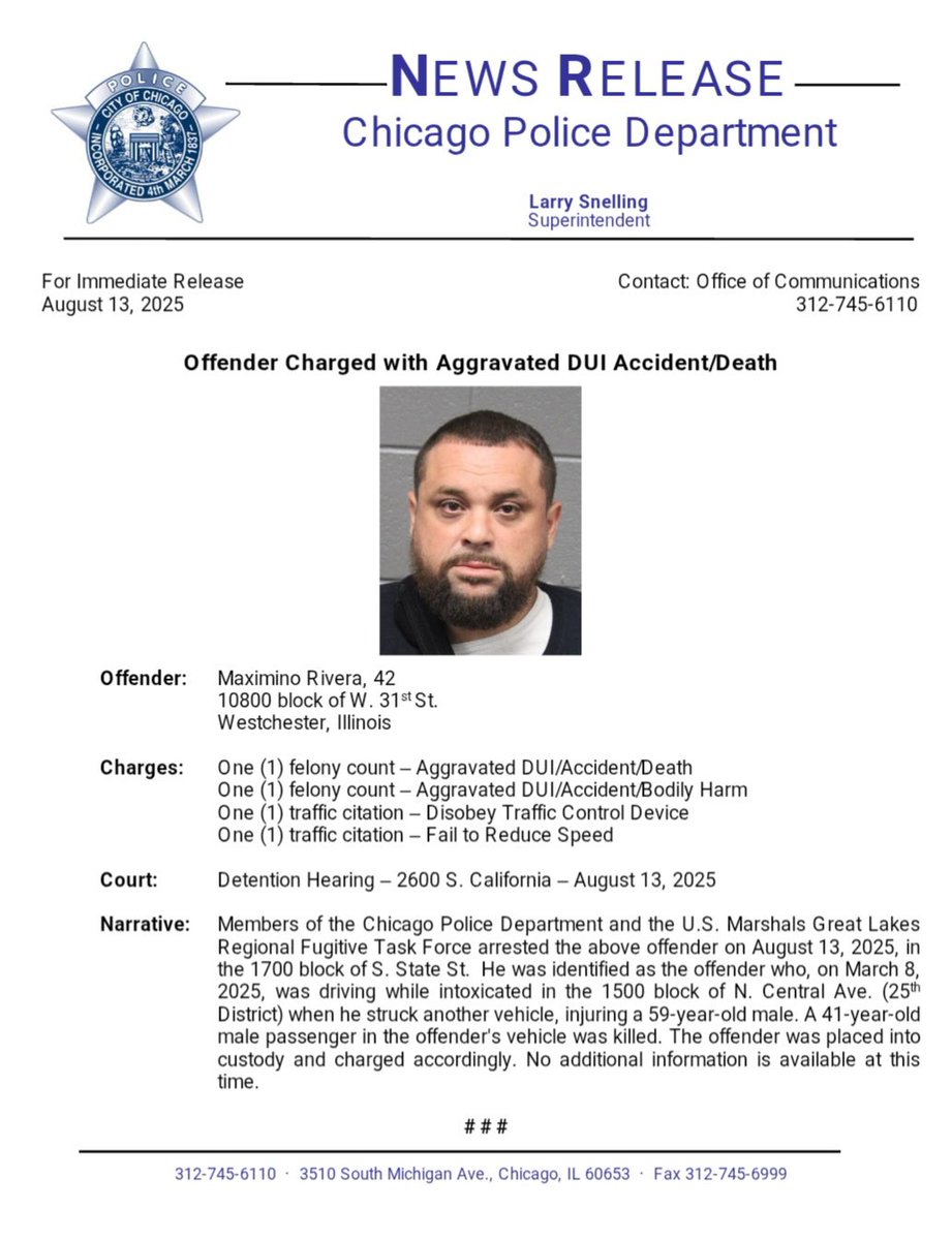 Tom Ahern (@tahern_) on Twitter photo Offender Charged with Aggravated DUI Accident/Death <a href="/CPD25thDistrict/">cpd25thdistrict</a> <a href="/Area5Detectives/">Chicago Police Area 5 Detective Division</a> U.S. Marshals Great Lakes Regional Fugitive Task Force #ChicagoPolice Offender Charged with Aggravated DUI Accident/Death <a href="/CPD25thDistrict/">cpd25thdistrict</a> <a href="/Area5Detectives/">Chicago Police Area 5 Detective Division</a> U.S. Marshals Great Lakes Regional Fugitive Task Force #ChicagoPolice