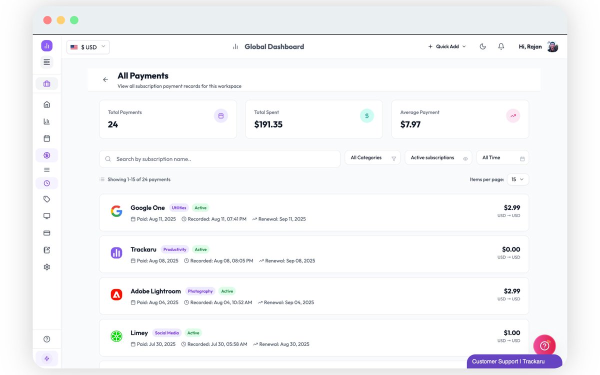 Trackaru's tweet photo. 💳 New in the app: Price History

✅ See total, average &amp; count of payments
🔍 Search &amp; filter by category/status/date
📅 View payment, record &amp; renewal dates

Your payment history, made simple.

Let's #Trackaru together! #BuildInPublic https://t.co/Isn2ThlXQ6