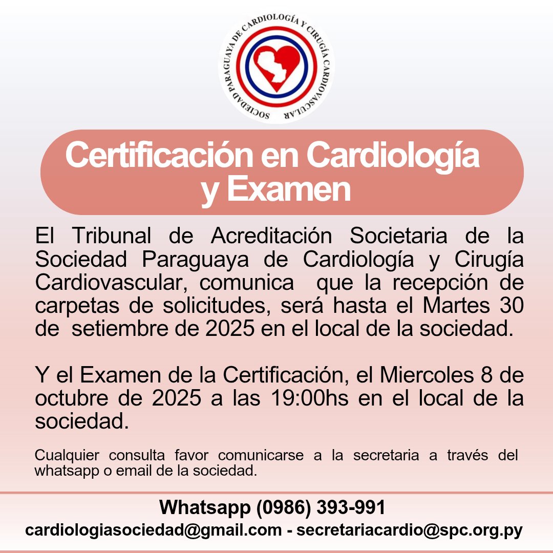 Sociedad Paraguaya de Cardiologia (@spcycc) on Twitter photo 📢Certificación en Cardiología y Examen 
#cardiopy 📢Certificación en Cardiología y Examen 
#cardiopy
