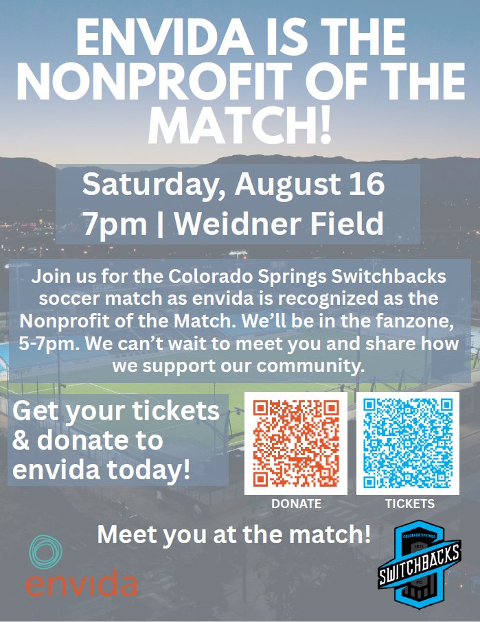 envida will be the Nonprofit of the Match at the Colorado Springs Switchbacks soccer match this Saturday, August 16, at 7pm, at Weidner Field. Get your tickets and donate to envida today. Meet you at the match!

Donate🎁: envidacares.org/private-pay-do…
Tickets🎫: seatgeek.com/colorad.../usl…