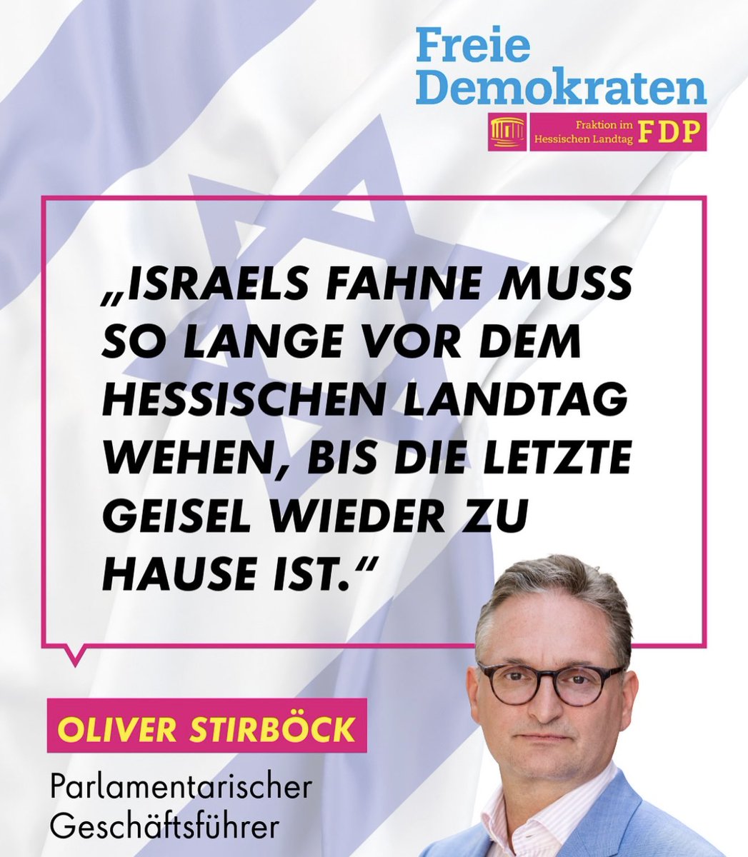 Die Linke regt an, vor dem Hessischen Landtag die Flagge Israels einzurollen. Für mich bleibt die israelische Flagge ein Zeichen der Solidarität für ein von Barbaren überfallenes Land und vor allem auch die gekidnappten Geiseln. Die Hamas kann den Krieg jederzeit beenden.