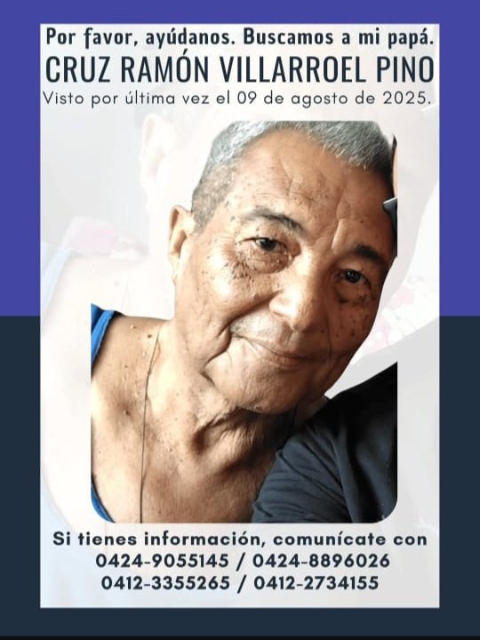 globovision's tweet photo. #ServicioPúblico | #URGENTE | Se encuentra desaparecido el señor Cruz Ramón Villarroel Cruz, de 83 años, quien padece cáncer con metástasis y necesita medicación urgente. Fue visto por última vez el sábado 9 de agosto en la plaza del sector Dona Menca, parroquia Boquerón, Maturin. Lleva varios días sin su tratamiento, sin acceso a alimentos y podria estar desorientado, lo que pone su vida en grave riesgo. Rogamos a las autoridades, cuerpos de seguridad y a toda la comunidad que nos apoyen en esta búsqueda.

Cualquier información, por favor comuniquese de inmediato a:
0424-905.51.45/ 0414-850.65.17 / 0412-335.52.65