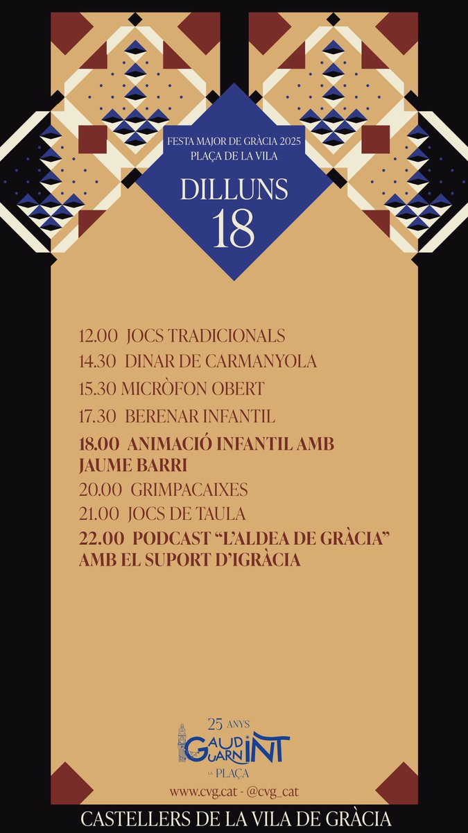 🫂Un dilluns menys dilluns si és Festa Major! Avui és nit tranquil·la a la Vila de Gràcia; nosaltres seguirem a plaça però amb activats a menys decibels.

#castells #AixòFaGràcia #FMGràcia2025