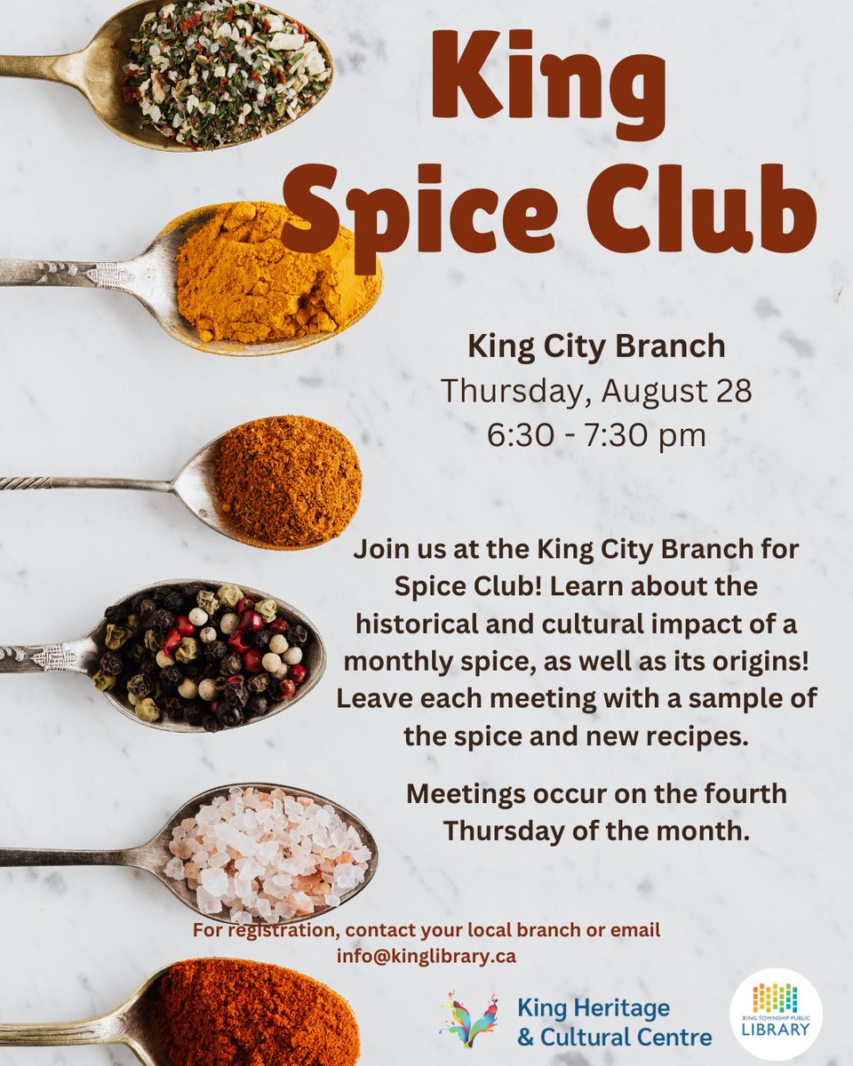 KingLibraries's tweet image. Are you wondering what to do with the countless spice jars in your drawer?   Join Spice Club and we&apos;ll walk through a new spice each month - how it&apos;s grown, historical uses, and new recipes.  

#SpiceClub @KingMuseum #KingLibraries #KingTownship