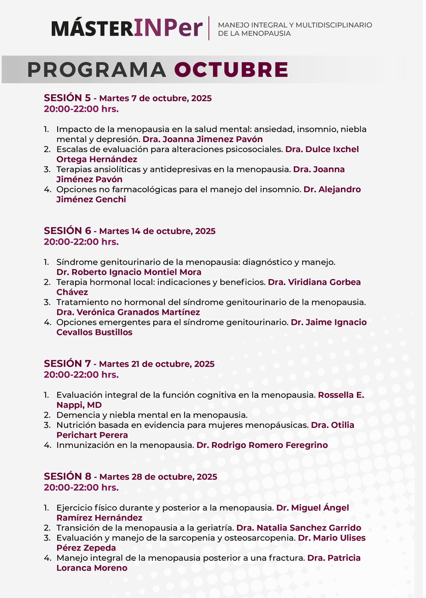 INPer_mx's tweet photo. ¡REGISTRO ABIERTO! 📢
#MásterINPer
MANEJO INTEGRAL Y MULTIDISCIPLINARIO DE LA MENOPAUSIA

Septiembre - Noviembre 2025
• Evento Virtual SIN COSTO
• Profesores Nacionales e Internacionales 🌎
• Puntaje CMGO
• Asistentes 16 ptos 🏅

🚨 REGISTRO 📢
https://t.co/70BTXttGic https://t.co/36V9I8FWnH