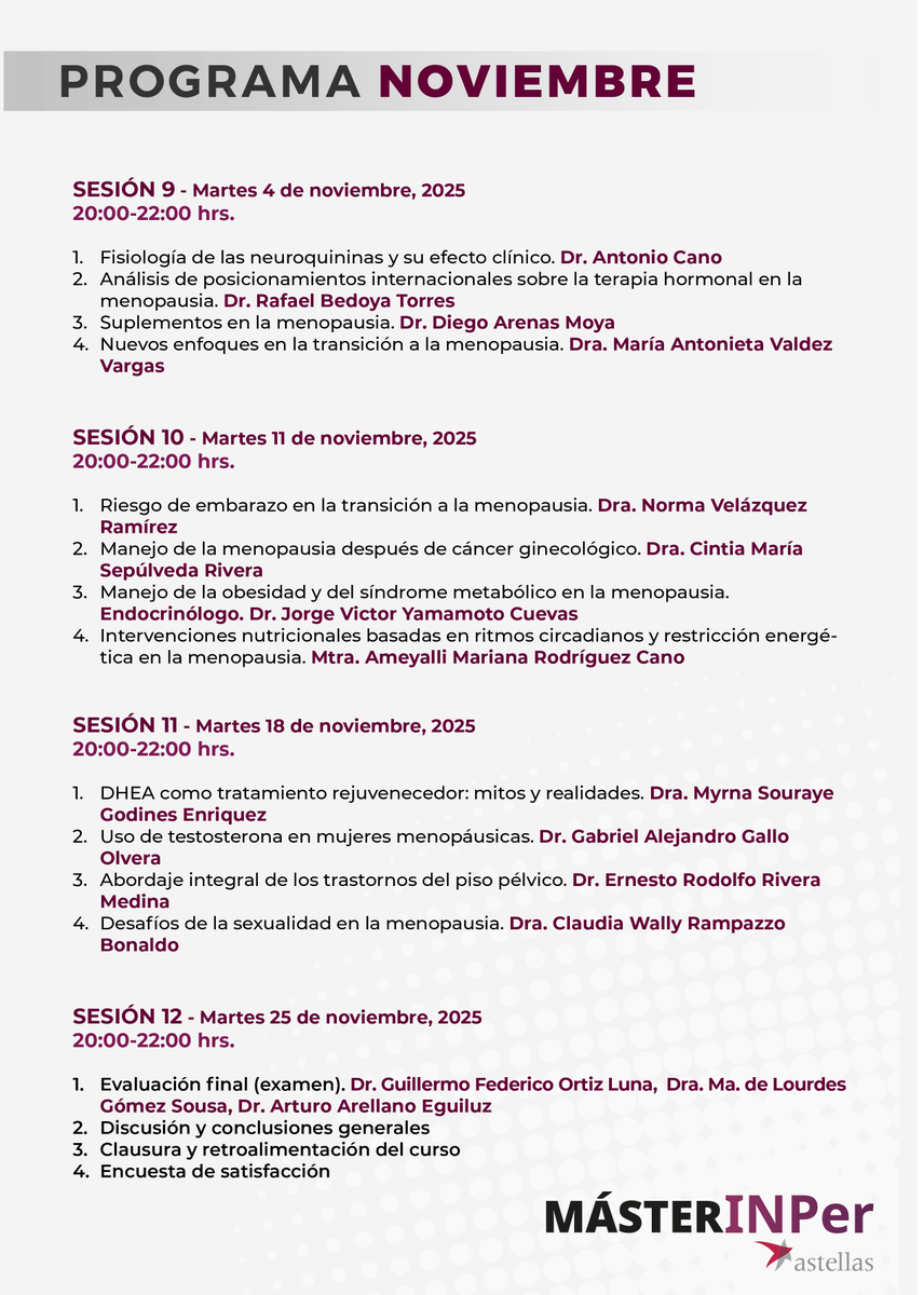 INPer_mx's tweet photo. ¡REGISTRO ABIERTO! 📢
#MásterINPer
MANEJO INTEGRAL Y MULTIDISCIPLINARIO DE LA MENOPAUSIA

Septiembre - Noviembre 2025
• Evento Virtual SIN COSTO
• Profesores Nacionales e Internacionales 🌎
• Puntaje CMGO
• Asistentes 16 ptos 🏅

🚨 REGISTRO 📢
https://t.co/70BTXttGic https://t.co/36V9I8FWnH