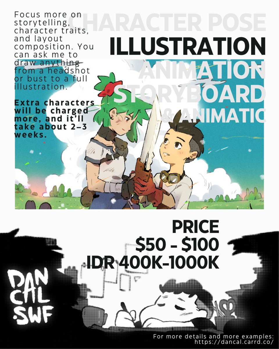 DanCal_swf's tweet photo. Hi I am opening commission, finally! :D
Please check my bio for more info and more examples 
#Commission #ArtCommissionsOpen #commissionopen #storyboard #animation2d #spine2d #illustration #characterart https://t.co/GxZBKay2a1