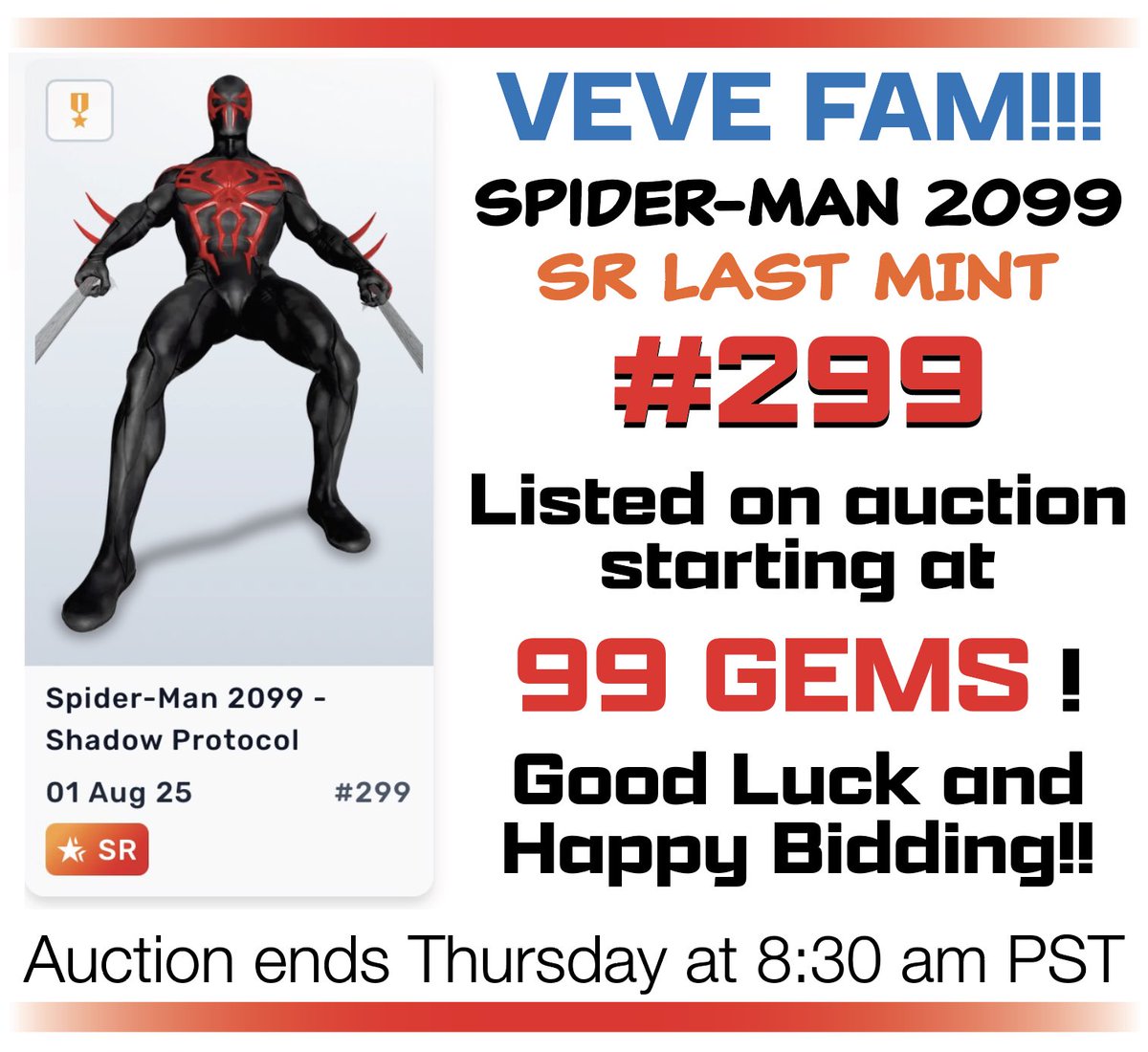 omegatron_88's tweet image. Just listed: Spider-Man 2099 Last mint #299 if anyone is interested.
#vevefam #veve #minthunters @ComicsandCrypto @CaliComicsStore @CharlieNFT123 @DG_343 @LastMint14 @MrRolexes @1963SW