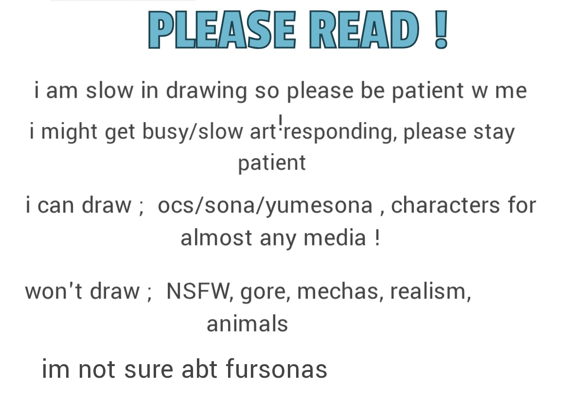 ＣＯＭＭＩＳＩＯＮＳ ＯＰＥＮ ! (𝟎/𝟑) 

-for anyone who is interested please dm me here or reply! 

-i can make chibi/eye/half body drawing of your character any fandom allowed :3

READ for rules : 
⤷ yorucomms.straw.page  !!!!