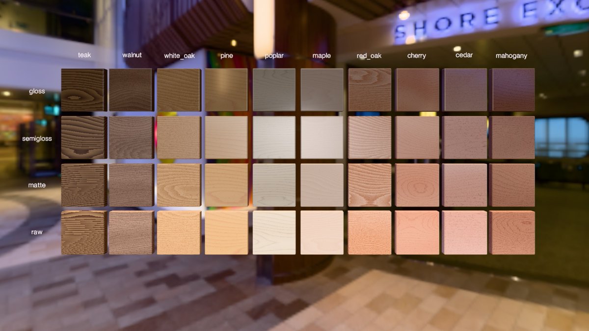 New @ThreeJS PR: high quality 3D procedural wood materials via TSL.  Includes maple, oak, walnut, cedar, poplar, cherry wood types and also includes raw + coating variants.

Full detais: github.com/mrdoob/three.j…