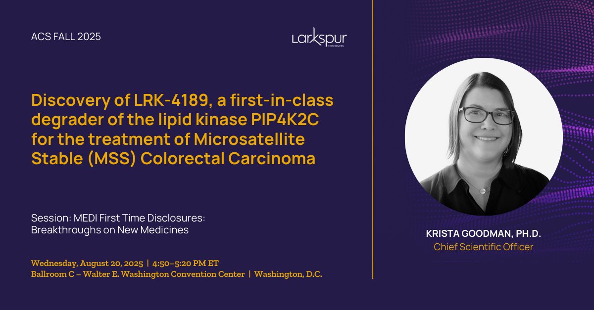 #ACSFall2025 news: we’re presenting on the discovery of LRK-4189, a 1st-in-class degrader of the lipid kinase PIP4K2C for the treatment of microsatellite stable (MSS) colorectal cancer (CRC). <a href="/AmerChemSociety/">American Chemical Society</a> Fall Meeting: bit.ly/47dKnOX #CancerResearch