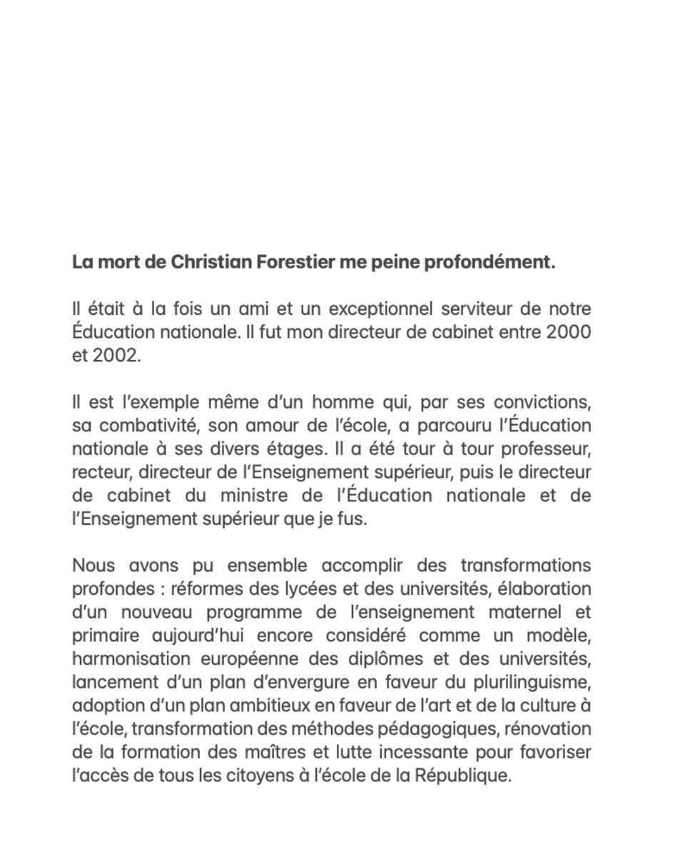 jack_lang's tweet photo. La mort de Christian Forestier me peine profondément. Il était à la fois un ami et un exceptionnel serviteur de notre Éducation nationale ⤵️ https://t.co/y7V61tn5Tt