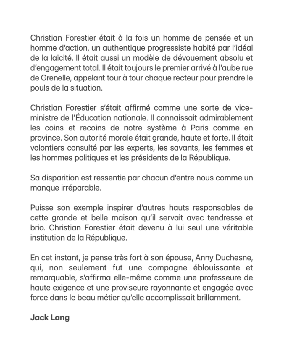 jack_lang's tweet photo. La mort de Christian Forestier me peine profondément. Il était à la fois un ami et un exceptionnel serviteur de notre Éducation nationale ⤵️ https://t.co/y7V61tn5Tt