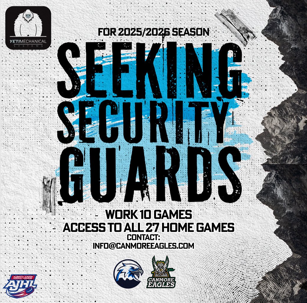 Canmore Eagles (@canmoreeagles) on Twitter photo The Canmore Eagles are looking for security volunteers for the upcoming season! With crowds growing and our fandom soaring at the Canmore Recreation Centre, we need dedicated people to help keep game nights safe and unforgettable while.
Email us at: info@canmoreeagles.com The Canmore Eagles are looking for security volunteers for the upcoming season! With crowds growing and our fandom soaring at the Canmore Recreation Centre, we need dedicated people to help keep game nights safe and unforgettable while.
Email us at: info@canmoreeagles.com