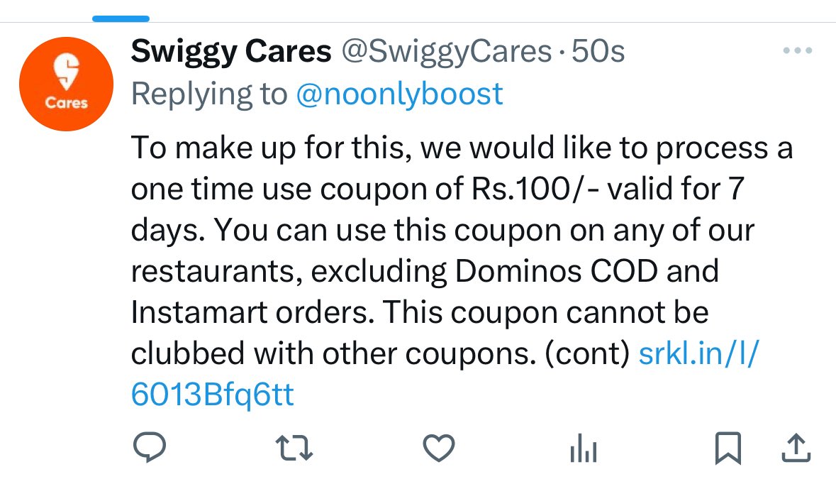 noonlyboost's tweet photo. @SwiggyCares I just posted this and you guys are responding like this… https://t.co/h2R3QmMw29